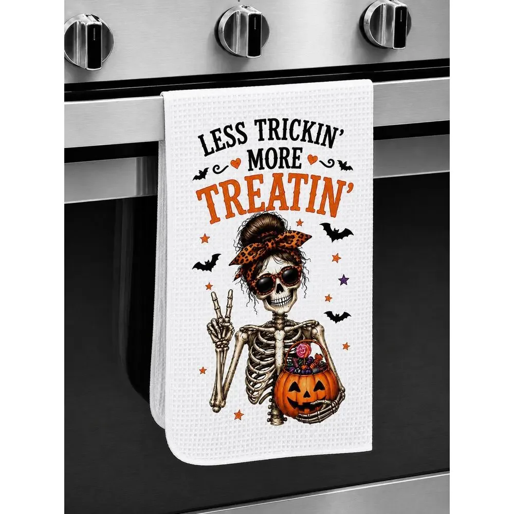 Halloween Skeleton Kitchen Towel Less Trickin More Treatin Funny Spooky Decor
